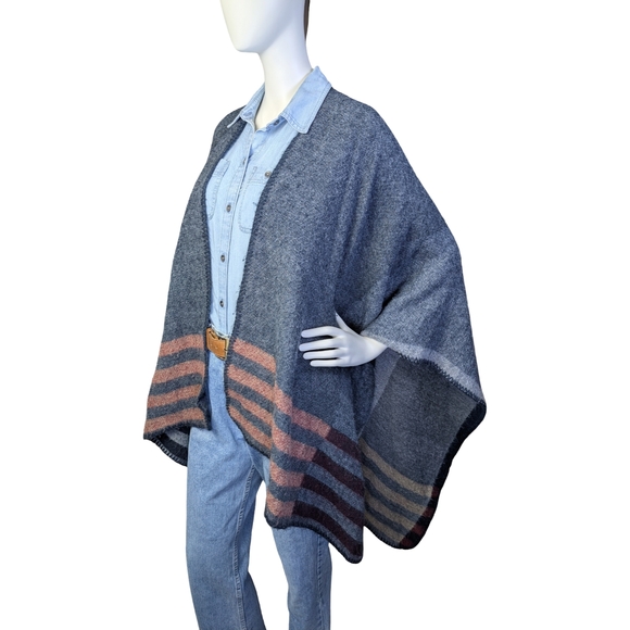 Sweaters - Knit Poncho Shawl, Reversible | Striped Wrap | Oversized One Size